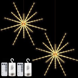 2 Pack 224 LED Hanging Starburst Light, Firework Fairy Starburst String Lights LED Meteor Light with Remote, 8 Lighting Modes Operated, Starry Light for Garden Party Christmas (Warm White)