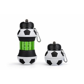 Botella de Agua Plegable con Diseño de Balón de Fútbol, de Silicona Grado Alimenticio, Antifugas, Portátil con Mosquetón, Resistente al Calor y Frío