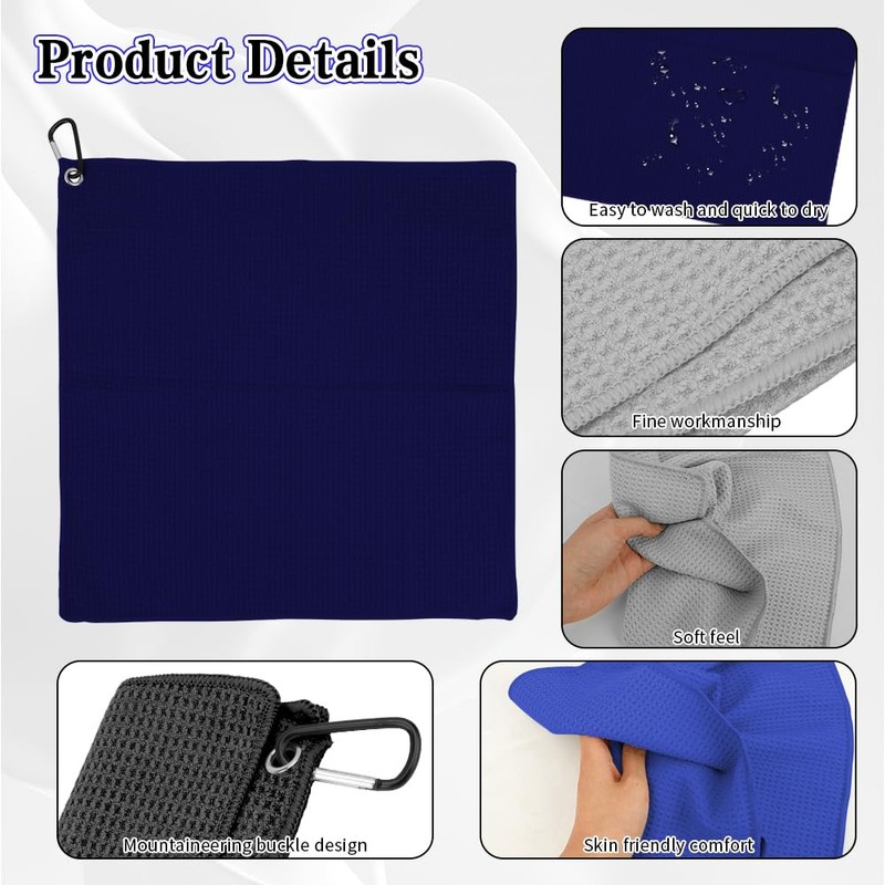 zavehony 40x40cm Golf Towel With Carabiner Clip,Golf Cleaning Towel (Navy/Black/Cold