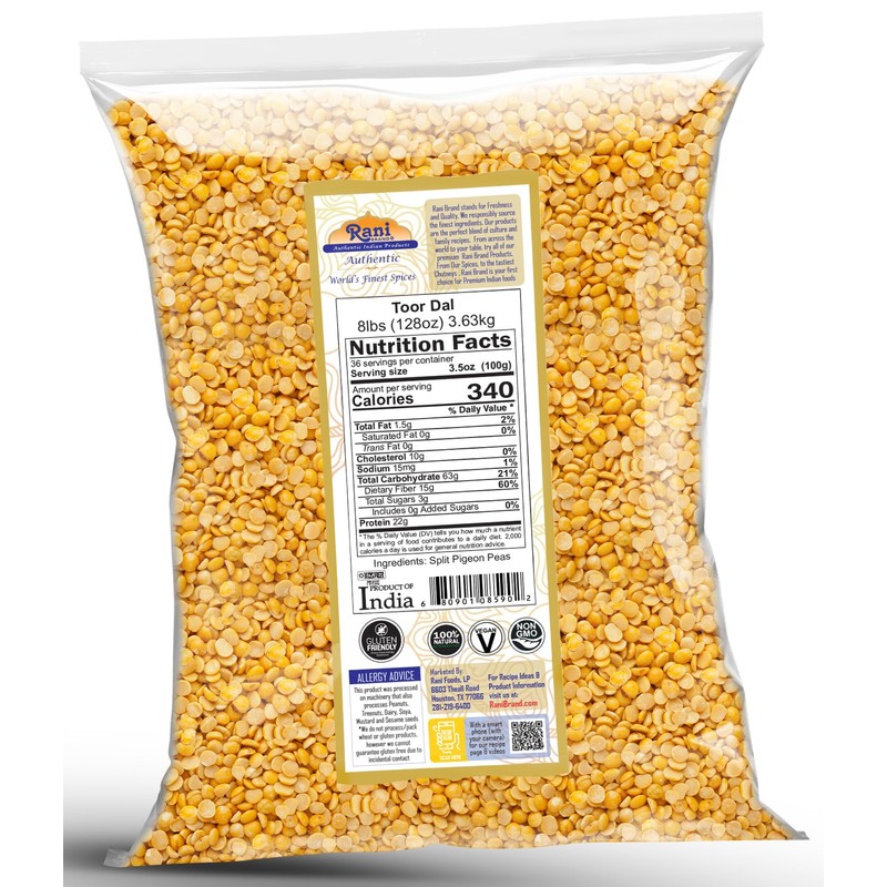 Rani Toor Dal (Split Pigeon Peas) 128oz (8lbs) 3.63kg Bulk