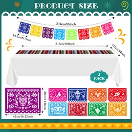 Newwiee 82 Pcs Day of the Dead Altar Decoration Kit Dia De Muertos Disposable Tablecloth Flameless LED Candle Paper Marigold Flower Fan Butterfly Mexican Papel Picado Banner Supplies (Colorful)