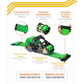 Strapinno E-Track Retractable Ratchet Tie-Down Straps - 2 in x 15 ft Heavy Duty Ratchet Strap with 4,500lbs Breaking Strength for E-Track Rails, Enclosed Trailer & Van (2 PCs)