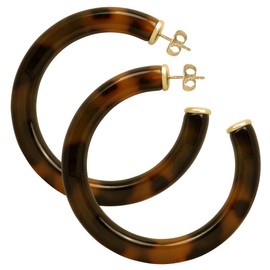 Yellow Gold Plated Sterling Silver Brown Tortoise Resin 57MM Large Open Hoop Earrings for Women