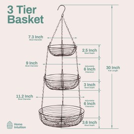Home Intuition 3-Tier Hanging Fruit Produce Basket Heavy Duty Wire with 2 Metal Ceiling Hooks, Round, Bronze