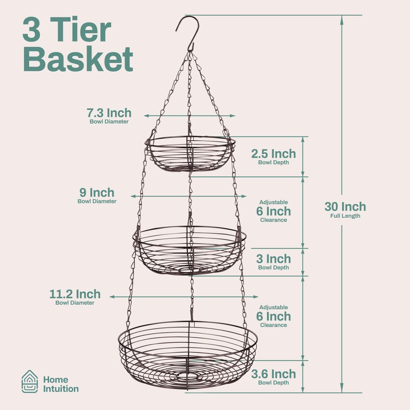 Home Intuition 3-Tier Hanging Fruit Produce Basket Heavy Duty Wire