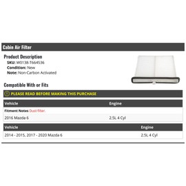 Cabin Air Filter - Non-Carbon Activated - Compatible with 2014-2020 Mazda 6 2.5L 4-Cylinder