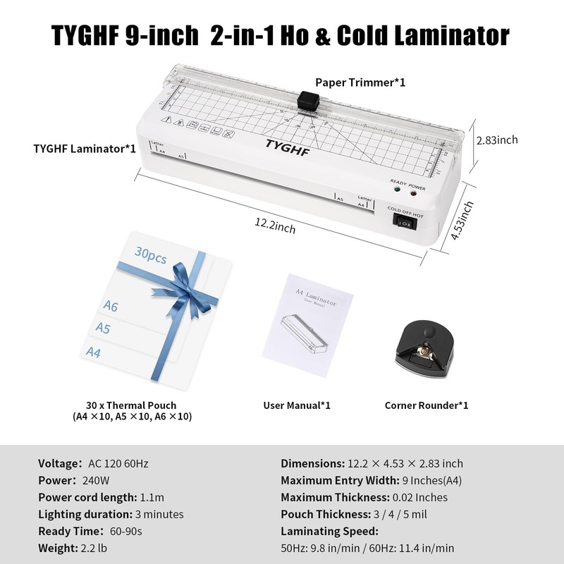TYGHF Laminator Machine with 30 Laminating Sheets (A4/A5/A6), 4-in-1 Thermal