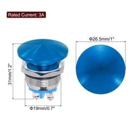 MECCANIXITY 1PCS 3A 19MM 3/4" Momentary Mushroom Head Push Button Switch 12V 24V 120V 250V AC Blue 1NO Waterproof IP65 SPST Domed Round 2 Screw Foot Button