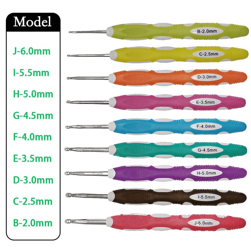 9PCS(1Set) B to J 2.0mm-6.0mm Ergonomic Crochet Hooks Set with