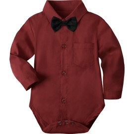 A&J DESIGN Shirt for Baby Boy Clothes Rompers Long and Short Sleeves with Bow Tie Party Gift 3-18 Months, Wine, 12-18 Meses