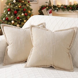 Mecatny Corduroy Pillow Covers 16x16 Inch Set of 2 - Striped Throw Pillow Covers with Wide Border for Living Room, Bed - Soft Square Decorative Pillow Covers for Couch - Beige