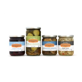 Sweet and Savory Pickles Gift Pack (4-pack) - variety of bread & butter style pickles, semi-sweet pickled Brussels Sprouts, pickled beets and pickled fennel