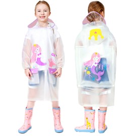 HSTiSan Unisex Students Hooded Rain Poncho Kids Raincoat Rainwear Durable Waterproof Windbreaker With Pockets (13-14 Years, Pink Mermaid)
