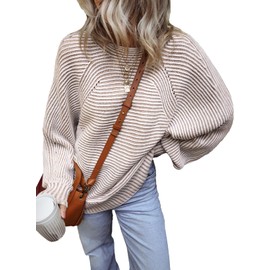 EVALESS Womens Striped Sweaters Fall Outfits Tops for Women Trendy 2025 Business Casaul Work Clothes Oversized Crewneck Off Shoulder Beige Sweaters Long Sleeve Sweatshirts Winter Crochet Tops, Medium