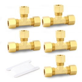 GORAGUCHI 5PCS Brass Tee，3/8" x 3/8" x 3/8" Tube OD Connector, Compression Tube Pipe Fitting Connector for Air/Fuel/Water/Gas/Oil