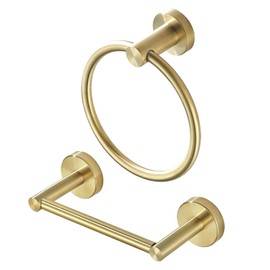 FAIRGIA Gold Toilet Paper Holder Towel Ring, Brushed Gold Bathroom Accessories Hand Towel Holder Wall Mount Bath Hardware Set Tissue Roll Holder with Double Post SUS304 Stainless Steel 2pc