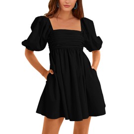 Ebifin Womens Square Neck Dresses Half Puff Sleeve High Waist A-Line Casual Backless Smocked Short Babydoll Mini Dress