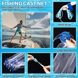 Threehoney Set of 4 Saltwater Fishing Cast Net, Foldable Fish Bucket, Folding Fishing Landing Net, and 110lb Digital Scale, 6 Gallon Live Fish Bait Bucket(Black,4ft)