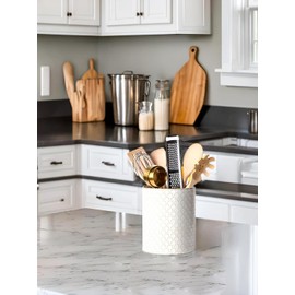 LE TAUCI Utensil Holder, 7.1" Ceramic Kitchen Utensil Holder for Counter top, Embossed Cooking Utensil Organizer for Spatula & Spoon, Kitchen Decor, Set of 1, Arctic White,Fireworks