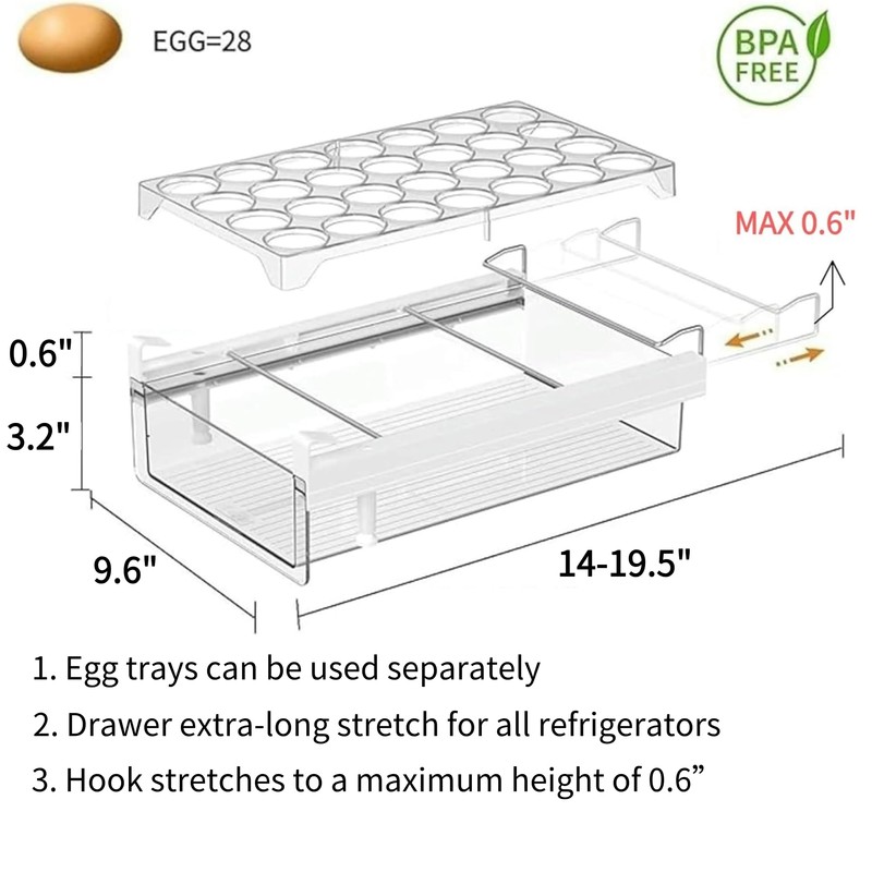 vacane Fridge 28 Egg Drawer Pull Out,Clear Egg Holder Tray
