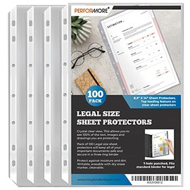 PERFORMORE 100 Pack of 8.5â x 14â Legal Size Heavyweight Clear Sheet Protectors, Plastic Page Protectors Top Load, Reinforced Holes, Acid-Free and Archival Safe Sheet for Binders Documents