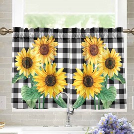 Buffalo Plaid Yellow Sunflower Flower Kitchen Cafe Curtains, 24 Inch Length, Blackout, Short, Light Filtering for Bathroom or Tier Curtains, 2 Panels