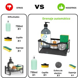 U Chef Soporte para Esponja de Fregadero de Cocina con Bandeja de Drenaje Automático, Porta Esponja para Fregadero, Organizador de Fregadero de Cocina, Organizador de Esponja de Jabón (Negro)
