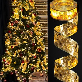 floenam Christmas Tree Ribbon Decorations, 32ft 100 LED Ribbon Lights with 2 Lighting Modes, Xmas Holiday Christmas Tree Decor, Gold Christmas Tree Ribbon Lights (Battery Powered)