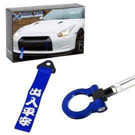 Xotic Tech 2Pcs Blue JDM Front Bumper Nylon w/Steel Chinese Slogan Tow Strap + Aluminum Tow Hook Compatible with Nissan 370Z GT-R R35 2009-2018 & Juke 2011-2017 or Infiniti FX35 FX45 FX50 2003-2017