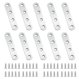 BuxiuGK Pack of 10 Flat Corner Brackets, 80 x 16 mm, Stainless Steel Flat Connector, 4 Holes, Wood Connector, Joining Repair for Wood, Furniture with 40 Screws, Silver