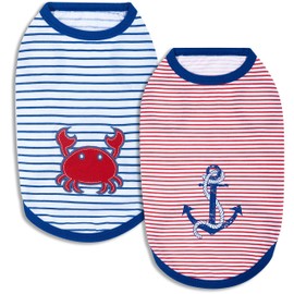 Blueberry Pet Soft & Comfy Summer Vacation Beach Cotton Dog T-Shirts, 2 Pack, Sunshine Sea Lover Striped Shirts Tank Top Clothes, Back Length 10", for Small Dogs