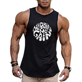 GymLeader Men's Gym Workout Stringer Tank Tops NO Pain NO GAIN Vest Bodybuilding Fitness Muscle Shirts-XL Black