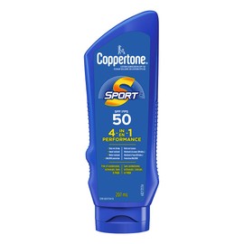 Coppertone Sport Sunscreen Lotion SPF 50, 4-in-1 Performance, Sweat and Water Resistant Face and Body Sunscreen Broad Spectrum SPF 30 UVA/UVB Protection, Oxybenzone Free, 207mL