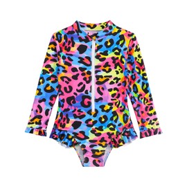 Girls' Swimwear Toddler Bathing Suit Girl 4t Swimsuit Girls Rainbow Leopard One Piece Zipper Ruffle UPF 50+ Sun Protection Swimsuits