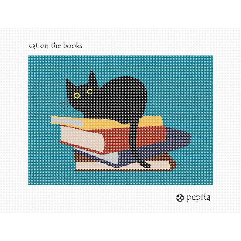 Pepita needlepoint canvas: Cat On The Books, 10" x 7"