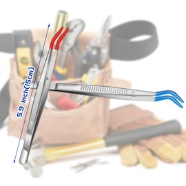 Honoson 2 Pieces Tweezers curved Bent Tip Tweezers with Rubber silicone Tips PVC Coated Non Marring Soft Long Rubber Tips Tweezers Stainless Steel Hobby Jewelry Crafts Tools (Red, Blue)