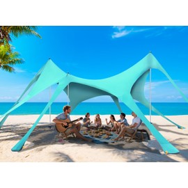 Vilupvie Beach Tent Sun Shelter Sunshade 20x13FT, UPF50+ Beach Canopy Tent Sun Shade with 8 Sandbags & 3 Stability Poles, Outdoor Shade Beach Canopy for Camping, Fishing, Backyard, Picnics (Turquoise)