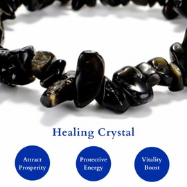 Herxion Gold Black Obsidian Bracelet Men & Women - Irregular Chips Black Natural Genuine Gemstone Raw Healing Crystal Bead Bracelet - ‌Protective Energy, Emotional Balance & Wealthy - Elastic Size