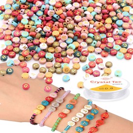 Letter Beads for Threading, Pack of 300 Colourful Beads, with Elastic Cord, Cube Alphabet Letter Spacer Beads for DIY Bracelet, Hairband, Crafts (Size: 4 x 7 mm)