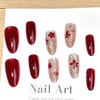 30Pcs Red Press on Nails Long Almond False Flower Fake