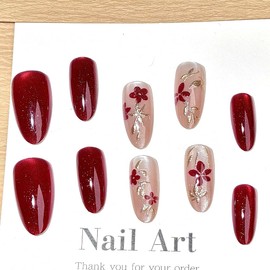 30Pcs Red Press on Nails Long Almond False Flower Fake Nails Simple plum blossom Leaf pattern Design Glitter Glossy Stick on Nail Full Cover Reusable Glue on Nail for Women Decor Manicure Kit