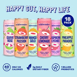 wildwonder Sparkling Probiotic Juice Drink 18pk, w/Gut Health & Immunity Support, 5g Prebiotic Fiber, Live Probiotics, Organic, Vegan, Low Sugar, Sampler Pack, 6 Flavors, Seen on Shark Tank