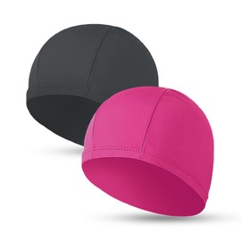 2pcs Cloth Swim Caps for Both Women & Men & Kids Fabric Durable Non-Waterproof Elastic Swimming Pool Cap Bathing Cap for Long and Short Hair (Black&Rose Red)