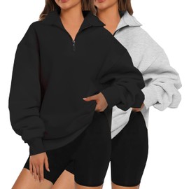 XFIFM 2 Pack Womens Zip Up Hoodies Oversized Sweatshirts Fall Long Sleeve Shirts Fashion Pullover Heather Grey/Black
