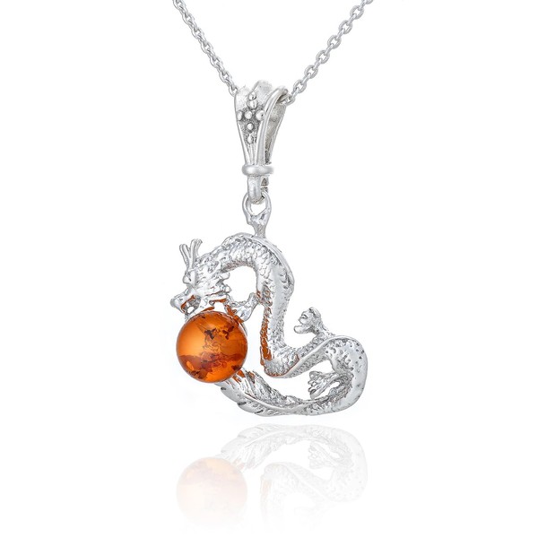 AMBEDORA Women's Chinese Dragon Necklace with Amber Ball, Polished Sterling