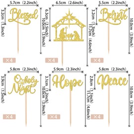 24 piezas de adornos de Navidad para magdalenas con purpurina, bendita noche, bendita esperanza, creer Jesús, cumpleaños, para belén temático, decoración de pasteles, suministros dorados