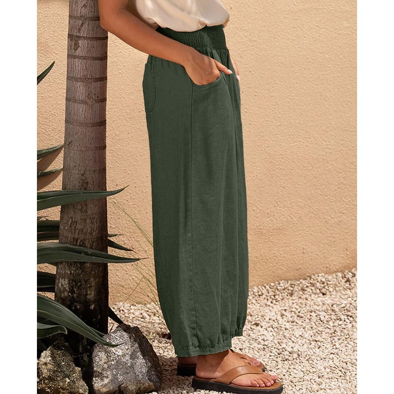 TITOMD Womens Linen Wide Leg Pants Casual Loose Elastic Waisted