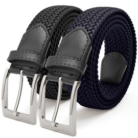 FAIRWIN Elastic Belt 2 Pack 1 3/8" Stretchy Navy Work Cloth Canvas Braided Belts for Men’s Jeans No Hole Web Belt