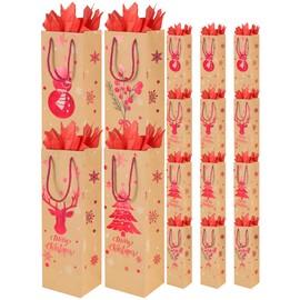PINWATT 12Pcs Christmas Wine Bottle Gift Bags with Tissues, Reusable Holiday Wine Gift Bags with Handles for Christmas Wine Bottle Wrapping, Wedding