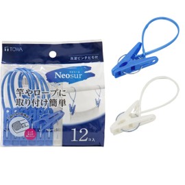 Towa Sangyo Neosul Clothespins Pinch with String White Blue Approx. 1.4 x 0.5 x 4.7 inches (3.5 x 1.2 x 12 cm), Pack of 12